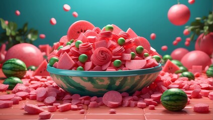 Obraz na płótnie Canvas Watermelon candies in a bowl with watermelon sprinkles, 3D illustration
