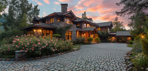 Sunrise view of a Craftsman house with a cobblestone driveway and blooming rose bushes