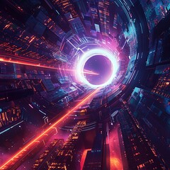 Futuristic Cityscape Portal: Glowing Neon Lines and Black Holelike Space Entry