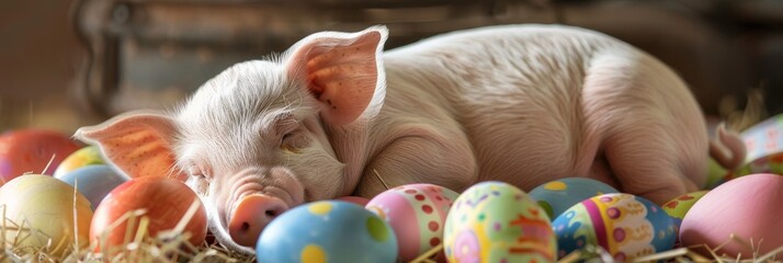 Wide banner pig featuring a young piglet asleep among colorful Easter eggs on a bed of straw, capturing the essence of spring and Easter festivities
Concept: Easter, spring, celebration, joy