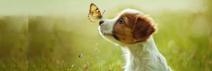little puppy plays with a butterfly on a green background field. concept animals, dogs, puppies, friendship, space for text