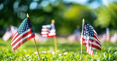 Memorial Day Tribute with Mini Flags Adorning Green Grass