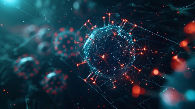 Glowing hologram of virus molecular structure with dark background.