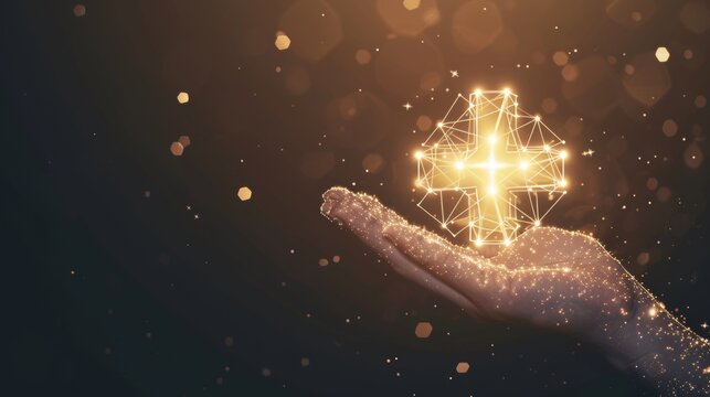 Glowing hologram of medical cross 3D structure with dark background.