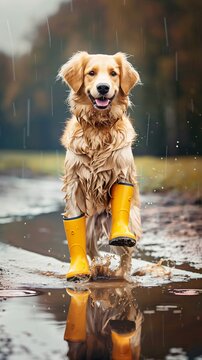 A dog in shiny rain boots splashing through puddles embodying the joy of a wet day without wet paws