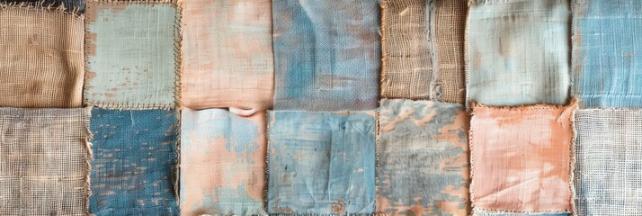 Wide banner photo showing an array of textured burlap fabric patches in earthy tones, neatly stitched together, creating a rustic and tactile background
Concept: texture, craft, sustainability