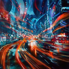 Neon-Lit City Streets: Abstract Digital Art of Vibrant Skyscrapers and Fast-Moving Cars