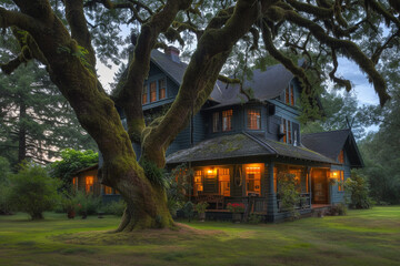 Twilight angle of a Craftsman house with a nearby ancient oak tree and hanging moss