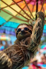 Vertical photo of a relaxed sloth hanging from a rope with stylish sunglasses, with a colorful umbrella background giving a playful, tropical vibe
Concept: relaxation, leisure, vacation