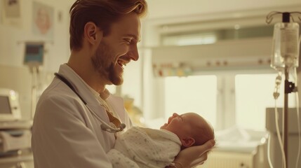 Doctor holds a newborn baby in hospital - obrazy, fototapety, plakaty