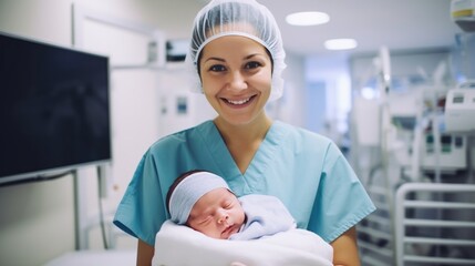 Nurse holds a newborn baby in hospital - obrazy, fototapety, plakaty
