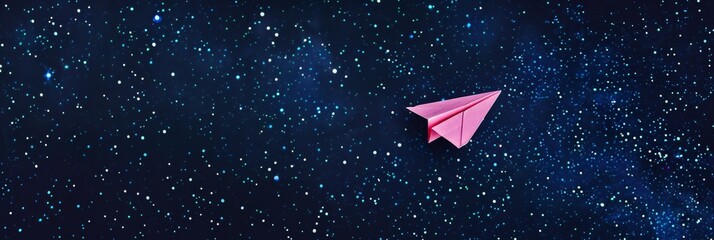 Wide banner photo of a pink paper airplane soaring across a starry night sky, symbolizing dreams, aspirations, and the journey towards achieving goals
Concept: exploration, journey cosmpos universe 