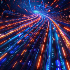 Data Transfer Speed: Neon Light Trails and Computer Code in a Cyber Technology Space