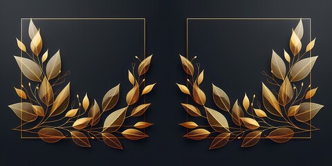 Set of gold leaves with gold frame on black background, invitation card design, Vector illustration, generative ai