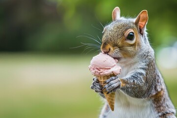 adorable squirrel holding an ice cream cone, humorously humanized and set against a blurred natural background with bokeh light effects
Concept: whimsy, nature, humor, summer