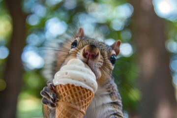 Photo of an adorable squirrel holding an ice cream cone, humorously humanized and set against a blurred natural background with bokeh light effects
Concept: whimsy, nature, humor, summer
