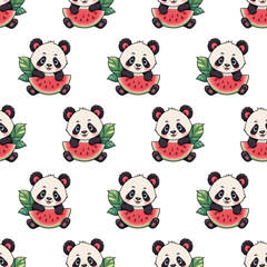 Seamless pattern with a cute panda and watermelon