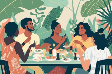 This vibrant illustration captures the joy of a diverse group of friends sharing a meal together, evoking themes of friendship, diversity, and gastronomy.