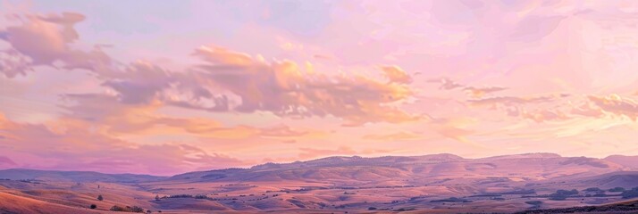 Wide banner  capturing the serene beauty of rolling hills under a pastel sunset sky, creating a tranquil and dreamy landscape
Concept: serenity, landscape, beauty, tranquility