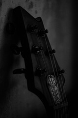 black and matte electric guitar head in the dark