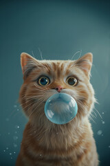 portrait of a red cat blowing a chewing gum bubble on a neutral blueish background