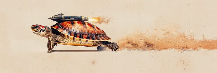 Wide banner illustration of a turtle with a jetpack on its shell, humorously combining the concepts of speed and slowness, with a splatter effect as a metaphor for rapid movement  humor, speed