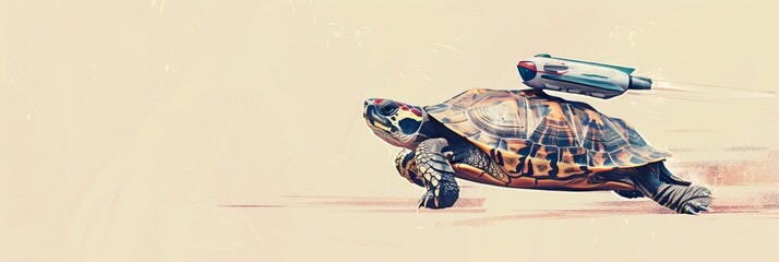 Wide banner illustration of a turtle with a jetpack on its shell, humorously combining the concepts of speed and slowness, with a splatter effect as a metaphor for rapid movement  humor, speed