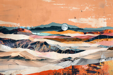 Retro trendy paper collage dune and woman with bedouin wear