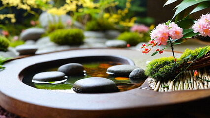 Balance and asymmetry in a zen garden with peaceful places 16:9 with copy space - obrazy, fototapety, plakaty