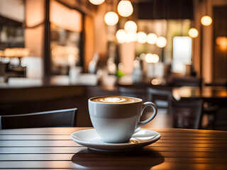 A cup of Coffee and blurred cafe background - obrazy, fototapety, plakaty