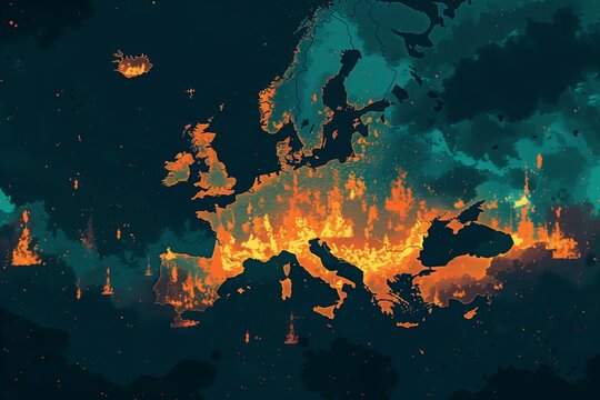 This powerful illustration uses fiery colors to depict Europe on a map, symbolizing the urgent and heated issue of global warming affecting the continent.