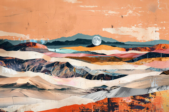 Retro trendy paper collage dune and woman with bedouin wear