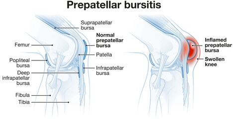 Prepatellar bursitis. Inflammation of the bursa in front of the kneecap. Labeled illustration - obrazy, fototapety, plakaty