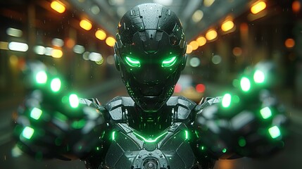 An angry androgynous black robot with neon green lights