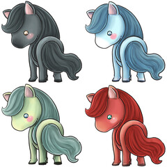 Set of cartoon drawings of the Year of the Horse, with black, blue, green and red horses. These elements are very cute.