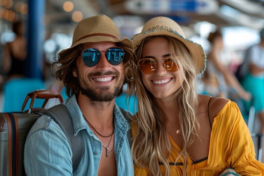 Blissful pair at airport gate, prepared for their international journey