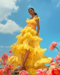 A model stands tall in a stunning yellow gown among pink flowers, exuding fashion and grace against a blue sky—ideal for fashion editorials.