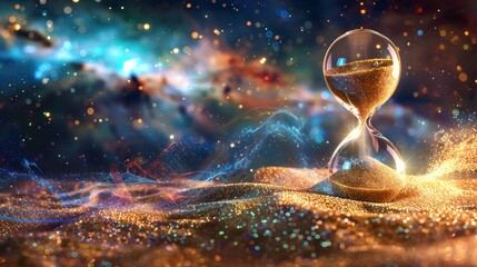 A sand clock merging into a starry galaxy grains symbolizing moments in the vast timeline of the universe an abstract fusion - obrazy, fototapety, plakaty