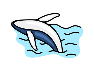 Obraz premium Humpback whale or blue whale jumps out of the water. Animals, fish, ecosystem, ocean and sea with waves, illustration