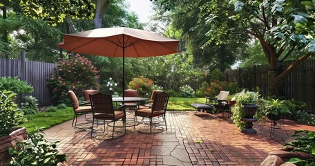 Brick Patio Set Complete with Umbrella-Shaded Table and Chairs