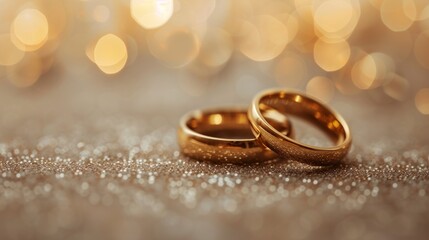 Obraz na płótnie Canvas Wedding rings on golden background with bokeh effect.