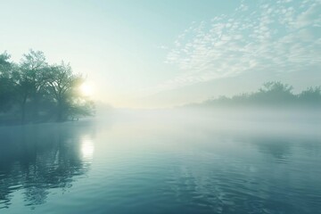 A serene lake at dawn mist hovering over the water with ample space for text evoking peace and contemplation