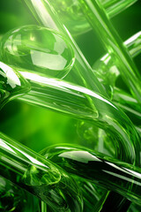 Abstract geometric green background with glass spiral tubes, flow clear fluid with dispersion and refraction effect, crystal composition of flexible twisted pipes, modern 3d wallpaper, design element