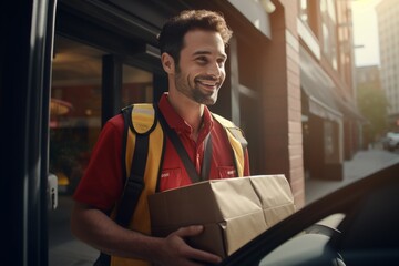 Smiling delivery man with packages, urban background, service, friendly, logistics - obrazy, fototapety, plakaty