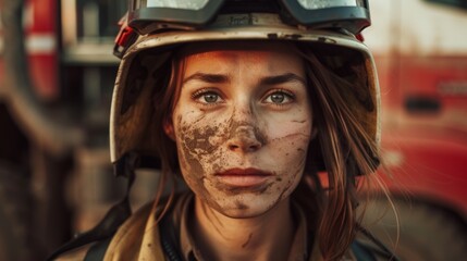 Fototapeta premium Closeup portrait of a tired female firefighter