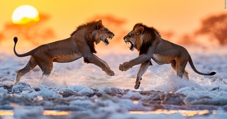 Male and Female Katanga Lions in Mating Dance Amidst Evening Sun