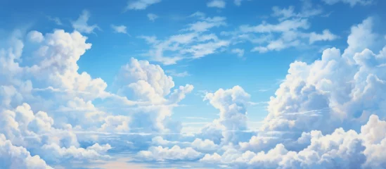 Foto op Canvas The electric blue sky is adorned with fluffy white cumulus clouds, creating a picturesque natural landscape. The horizon stretches over the windswept grassland below © AkuAku