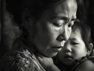Asian mother, life's weight, black and white