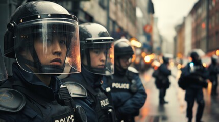 Obraz premium Riot police in action in a city