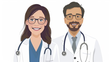 Portrait of cute cartoon doctors male female in hospital